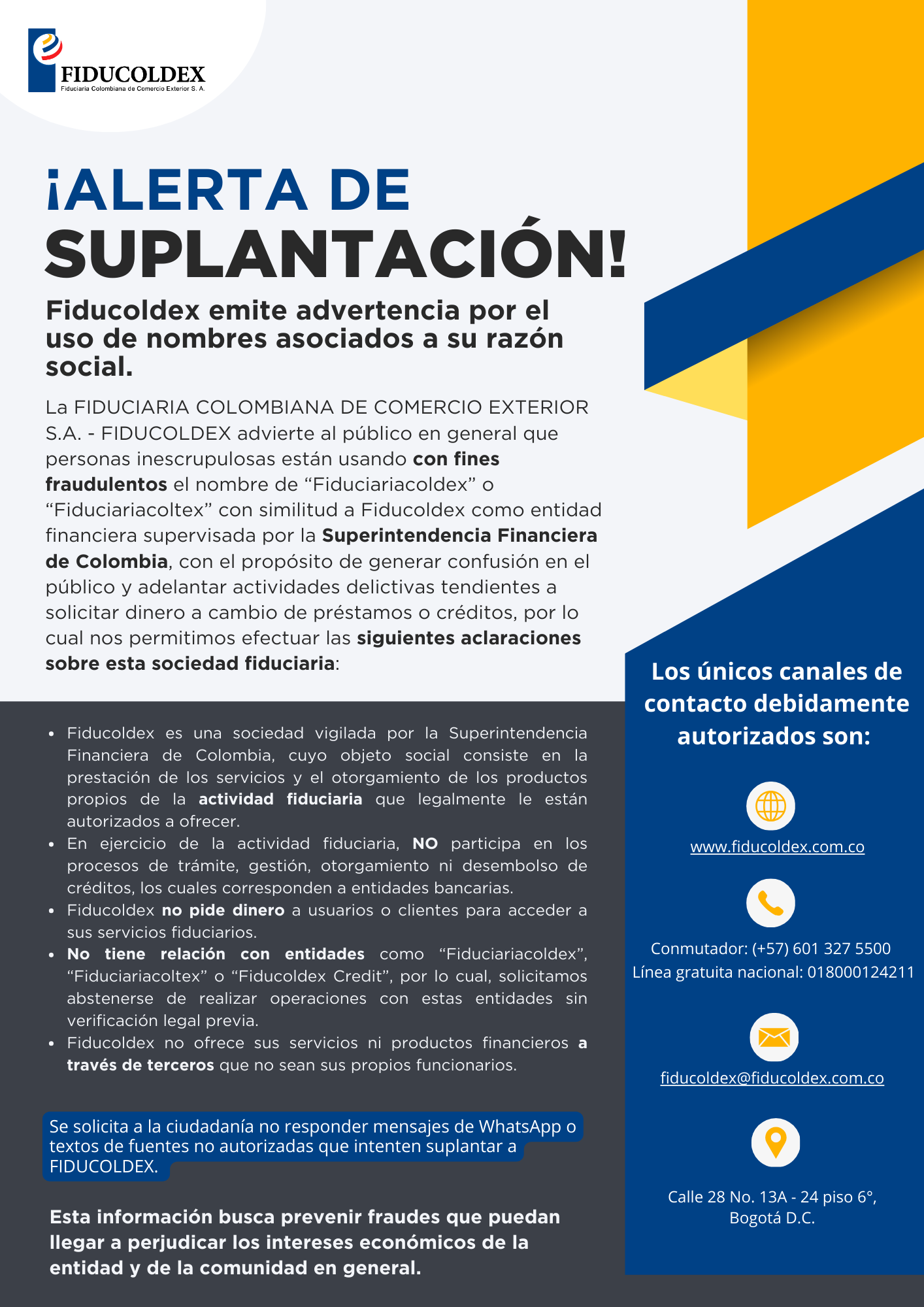 Aviso alerta suplantación Fiducoldex